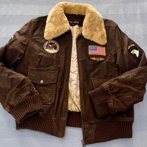 Steve Madden Chocolate Leather Bomber Jacket with Detachable Collar